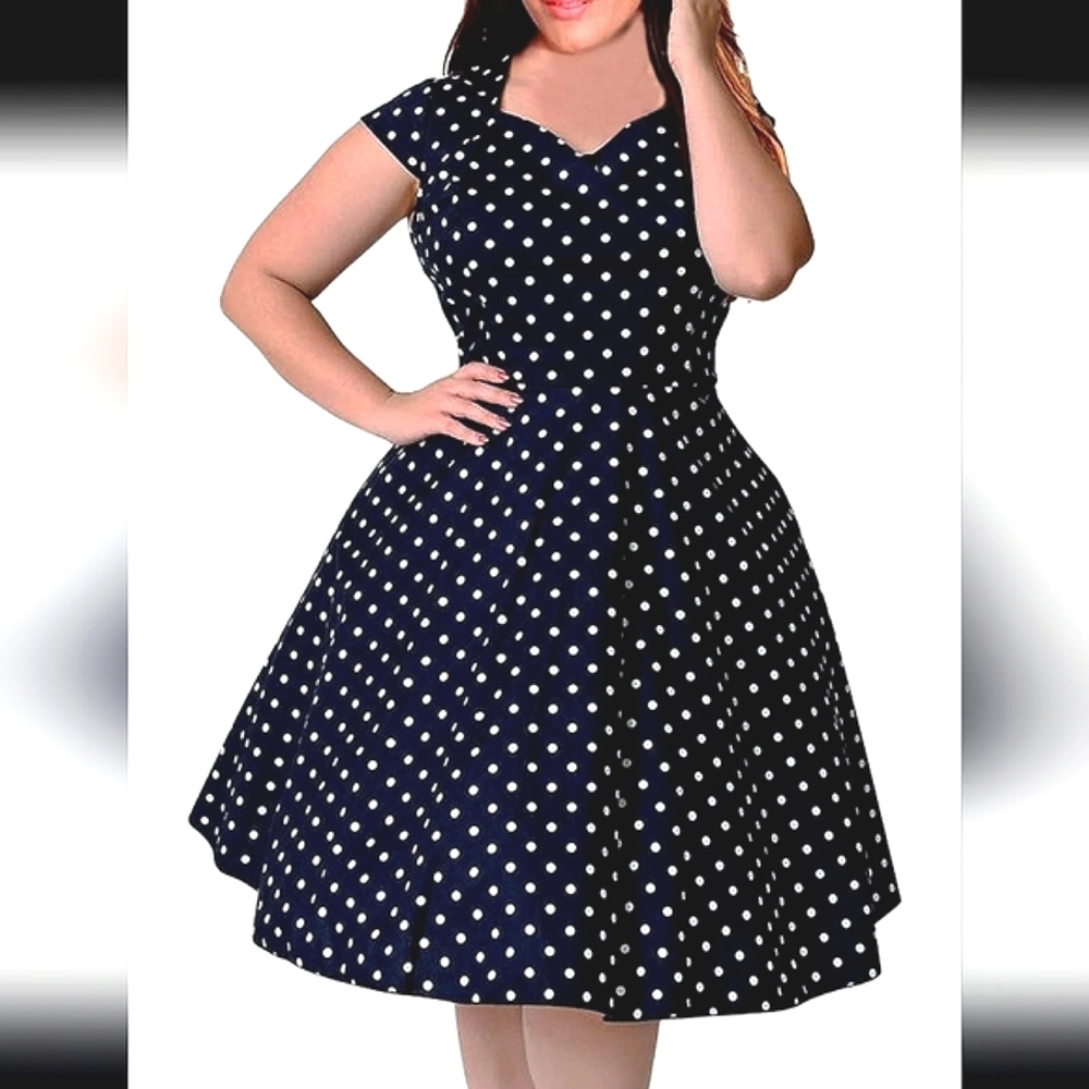 Nemidor 1950s Retro  Black/White Polka Dot Cap Sleeve Pin up Fit/Flare Dress